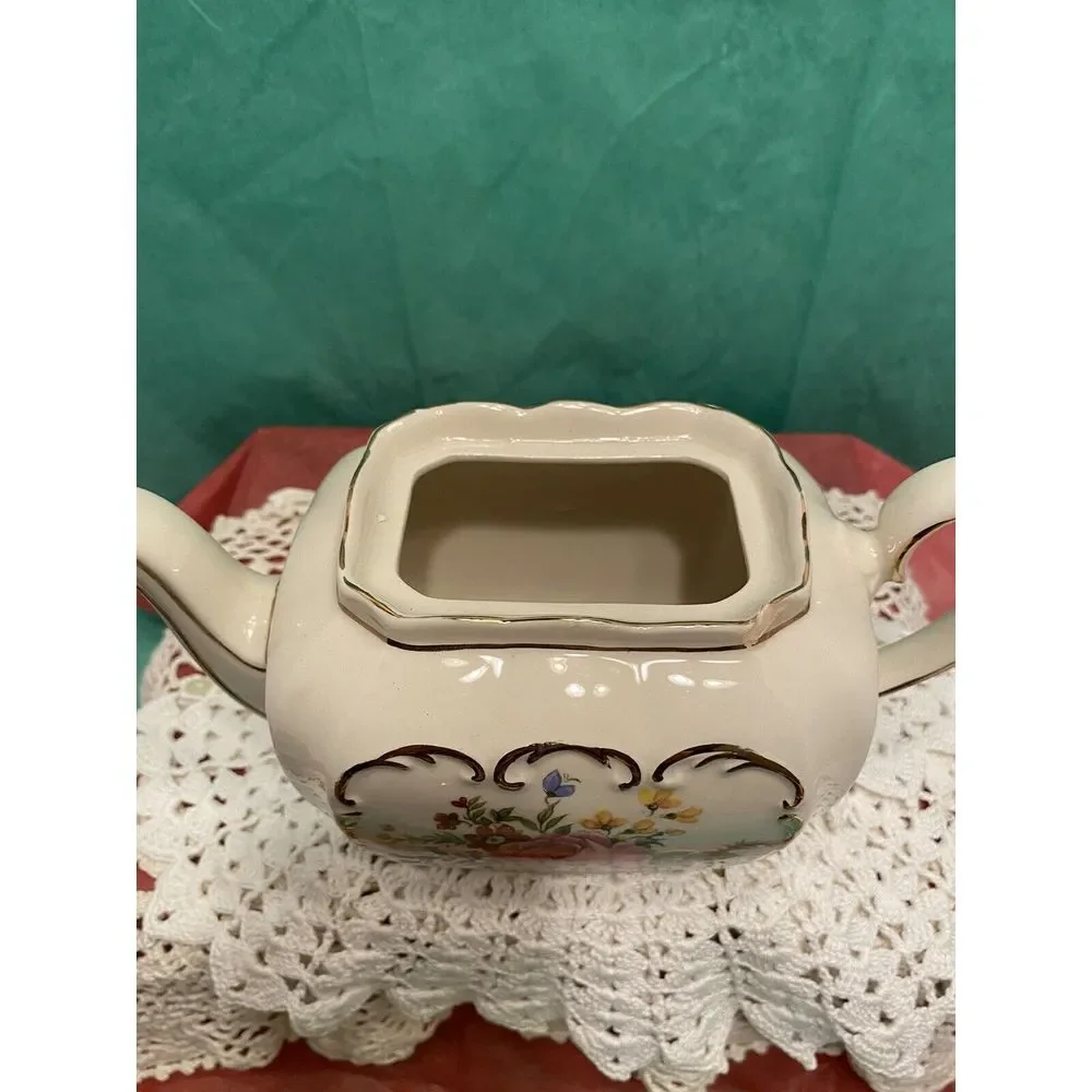 Vintage Sadler England Cube Teapot #2097 Rose Flowers Gold Trim‎
